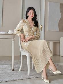 DAZY Set da 2 pezzi composto da blusa floreale elegante scollo a V e gonna, primavera - Albicocca - Visualizzare 1