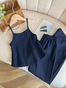 Genkimix Kids Tween Girl Casual Sweet Crinkle Textured Shirred Elastic Camisole Top Paired With Loose Wide Leg Pants 2 Pieces Set, Suitable For Daily, Vacation, Sisters Photo, Spring/Summer Outfit Clothes,Holiday,Summer,Travel - Navy Blue - View 2