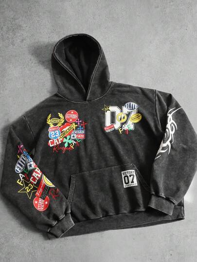 Sudadera con capucha con estampado gráfico vintage lavada para hombre, estilo retro de streetwear