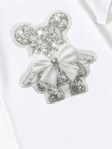 春夏秋季少女休闲时尚创意个性清新别致简约闪亮小熊蝴蝶结装饰印花舒适短袖T恤裙，温暖的夏秋风格，适合春夏秋季穿着，提升整体氛围的服装，连衣裙 - 白色 - 查看 7