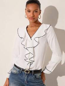 Lilora 女士V领荷叶边拼接时尚百搭通勤长袖衬衫 - 白色 - 查看 6