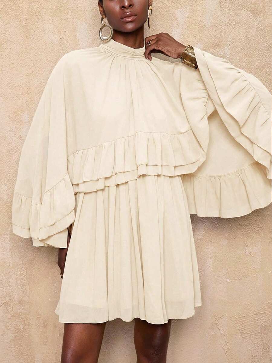 Lumalex VITNOS Rochie scurtă lejeră, elegantă, de toamnă, cu guler înalt, cu tiv dublu, cu volane, culoarea cafelei, sexy, pentru club de noapte, rochie pentru invitați de nuntă, rochie pentru întoarcerea la școală, ținută de toamnă