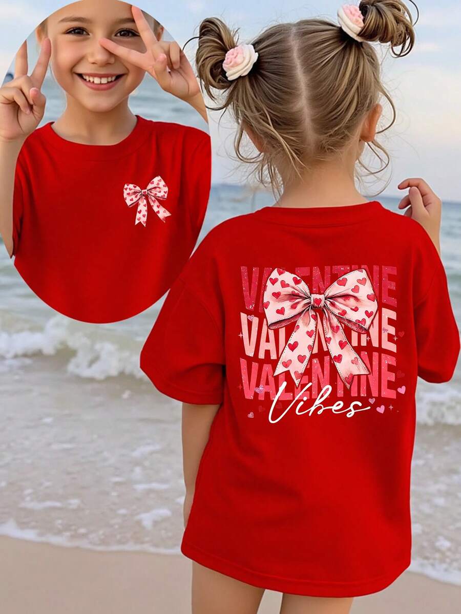 SHEIN 年轻女孩情人节休闲时尚创意个性化清新简约爱心蝴蝶结字母印花基础款短款T恤，舒适，适合情人节氛围 - 酒紅色 - 查看 1