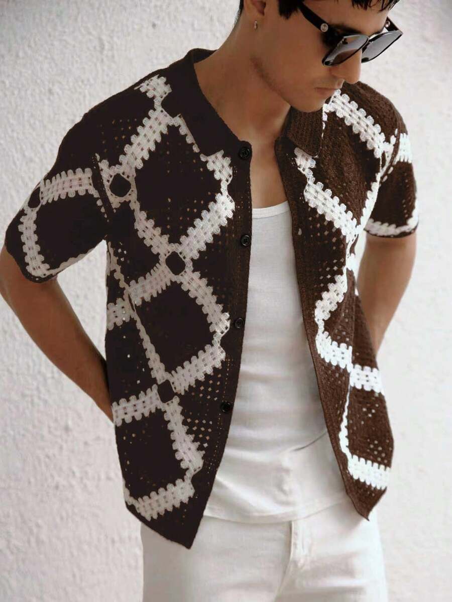 Manfinity Homme Party Men Knitted Fitted Turndown Collar Short Sleeve Casual Cardigan Fall Sweater, Suitable For Daily Wear - Brown - View 1