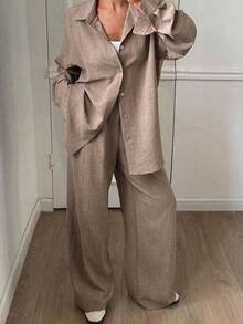 Dazy Tall 女士长袖衬衫和直筒裤两件套休闲家居服套装 - 卡其色 - 查看 3