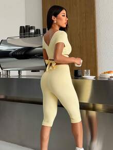 SHEIN EZwear Summer Female Gym Set Yellow Criss-Cross Wrap Fitted Sporty Outfit, Summer - Pale Yellow - View 5