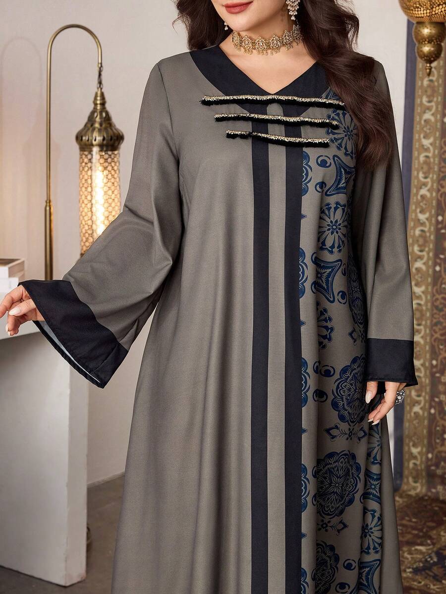 Al Najma Vestido casual de manga larga con estampado floral para mujer de talla grande, adecuado para primavera y otoño - Verde - Ver 1