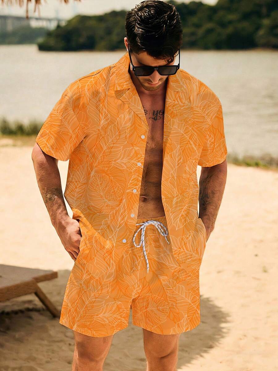 Manfinity Swimmode Men's Botanical Allover Print Front Button Casual Loose Beach Shorts Set - Yellow - View 1