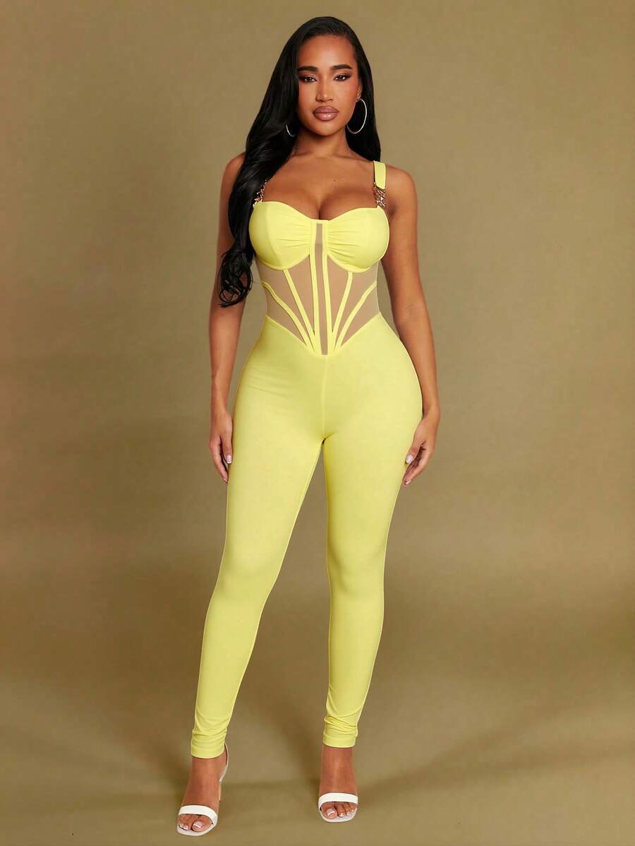 Radiana Bộ jumpsuit dài ôm sát cơ thể màu vàng nhạt, co giãn cao, không lưng, thích hợp cho khách mời dự đám cưới mùa xuân/hè hoặc ngày Valentine, trang trí bằng kim loại. - Màu vàng ngỗng - Xem 1