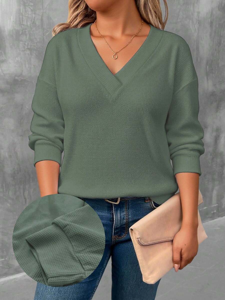 EMERY ROSE Olive Green V-Neck Long Sleeve T-Shirt, Plus Size