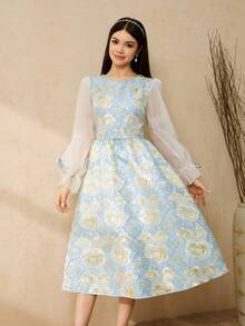 Teen Girls Sky Blue Elegant Summer Midi Dress,Jacquard Patchwork Sheer Lantern Long Sleeve Modest Dress For Party,Wedding,Prom,Birthday,Banquet - Blue - View 3
