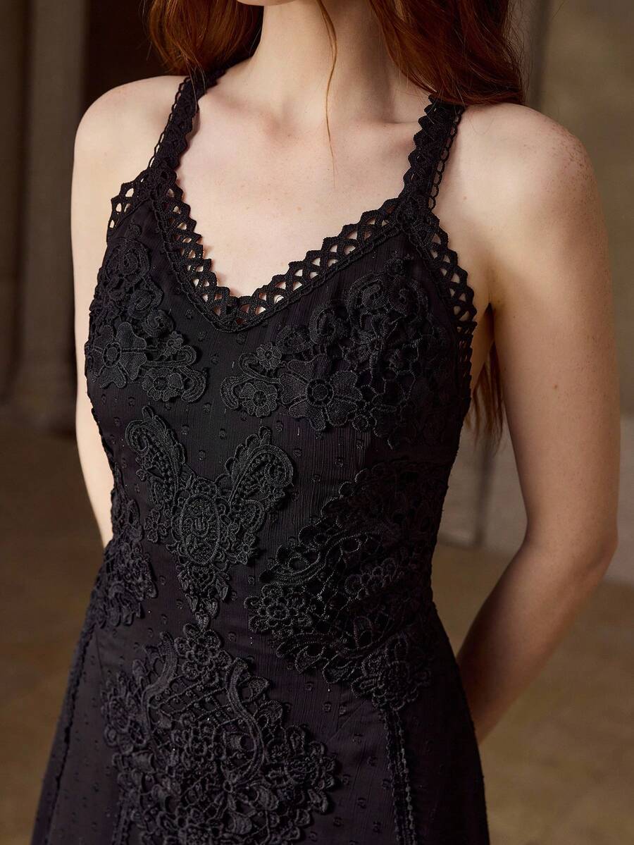 MOTF PREMIUM WOMEN'S V-NECK LACE TRIM MIDI DRESS - Black - View 2