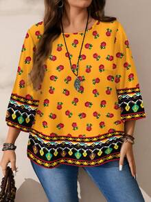 EMERY ROSE Casual Minimalist Black Background Red Rose Geometric Patchwork Placement Retro Print 3/4 Sleeve Women's Shirt Spring - Multicolor - View 6