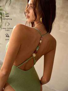 MOTF PREMIUM 1PC TEXTURED KNIT FABRIC BACKLESS COLORFUL AMBER BEAD DETAIL DECOR BOHEMIAN VACATION ONE-PIECE SWIMSUIT - Green - View 1