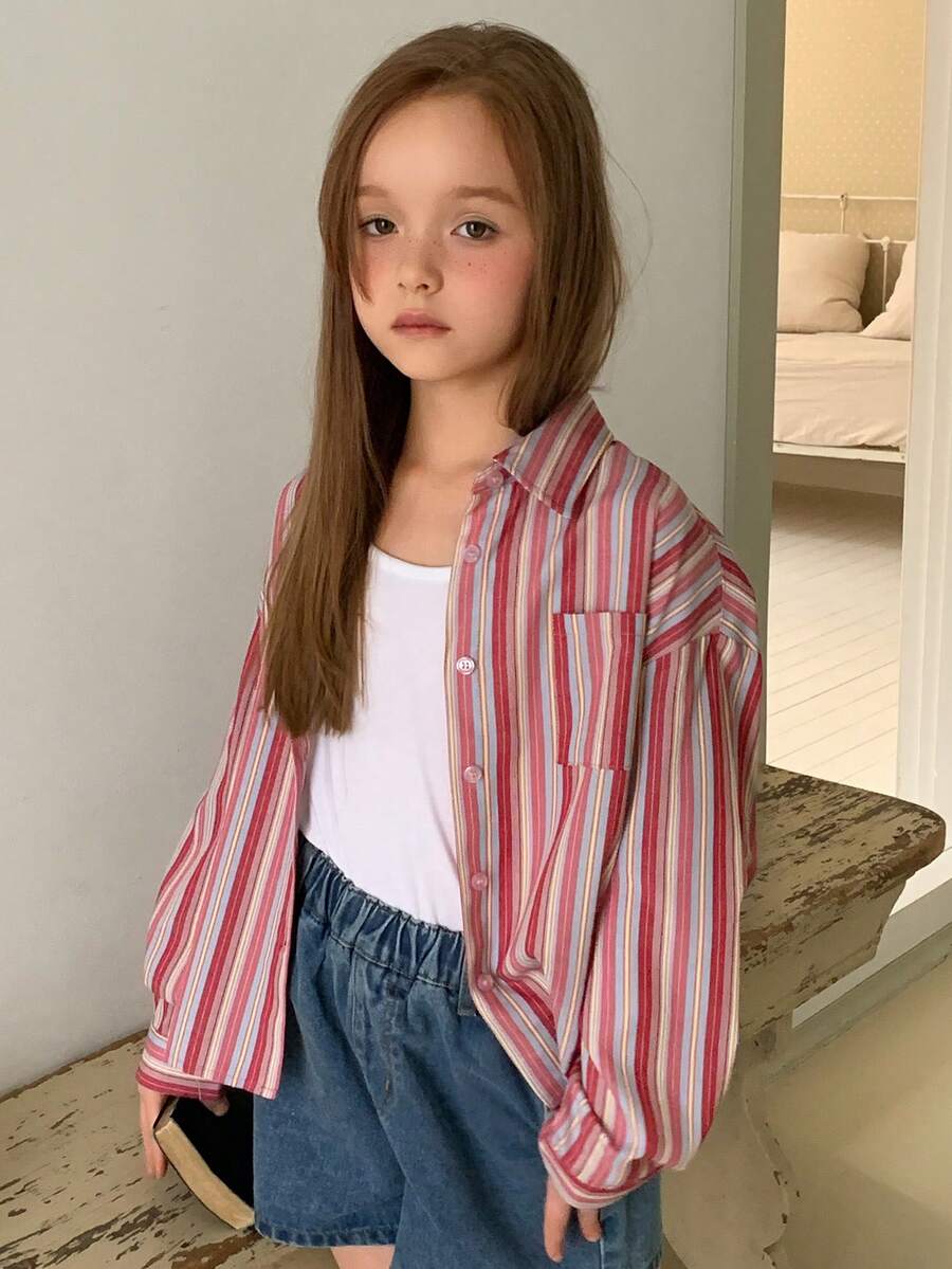 DAZY Tween Girls' Casual Striped Front Button Long Sleeve Shirt, Autumn Spring - Pink - View 1