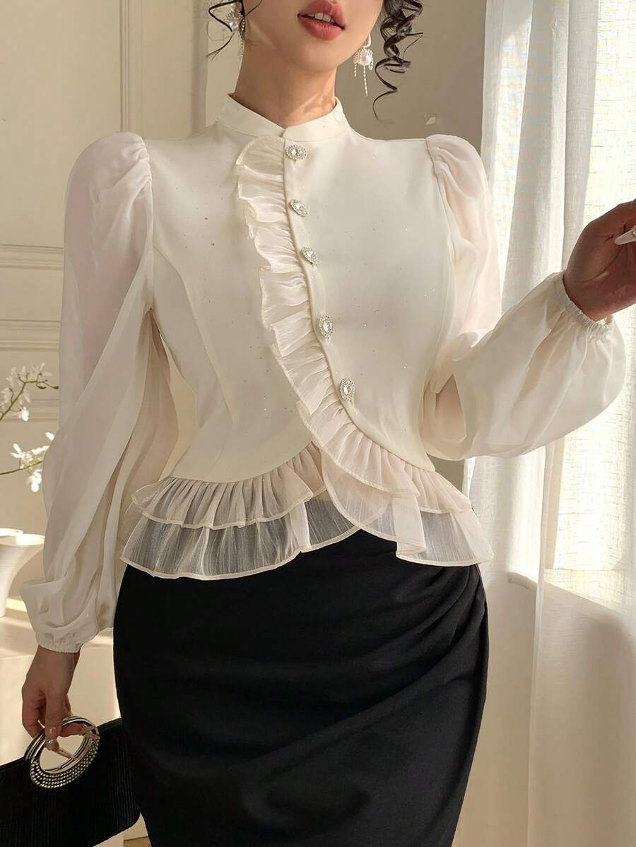 DAZY 女士蕾丝拼接优雅休闲衬衫，腰部收紧设计，适合春季、夏季、情人节、婚礼等场合。 - 白色 - 查看 1