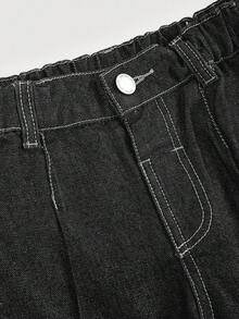 Young Girl' Navy Blue Denim Ruffle Hem Loose Fit Pants - Black - View 3