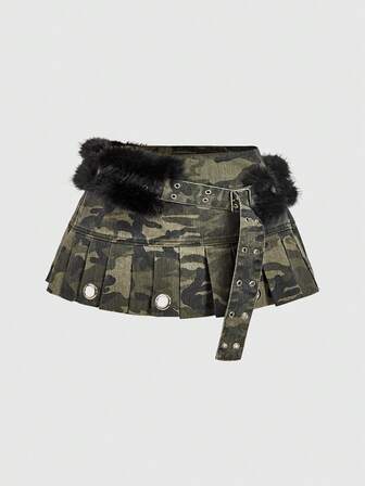 Grunge Punk Gonna mini plissettata vintage sexy a vita ultra bassa, con patchwork mimetico e occhielli metallici in pelliccia