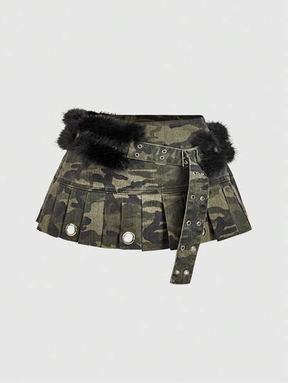 Grunge Punk Damen Ultra Taille Sexy Vintage Mini Plissee Camouflage Patchwork Fellimitat Ösen Rock