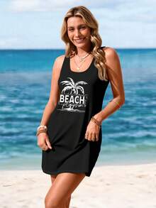 Sylviya 休闲简约棕榈树沙滩无袖连衣裙，适合夏季 - 黑色 - 查看 3