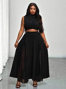 Truni 大码女装时尚优雅性感透视两件套，适合2026年新年约会和派对，梨形和三角形身材曲线优美，吊带背心和半身裙套装，Maweii大码两件套，大码曲线两件套服装，夏季必备 - 黑色 - 查看 4