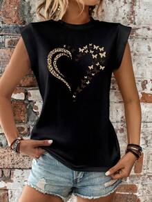 EMERY ROSE Women Fashion Leopard, Butterfly And Heart Printed Short Sleeve T-Shirt Graphic Tees Women Tops - Black - View 3