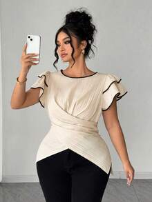 SHEIN Elenzya Áo kiểu nữ cỡ lớn, chất liệu dệt, dáng suông, thanh lịch, thích hợp mặc đi làm vào đầu mùa xuân, eo rút, vạt áo xếp ly đôi, tay ngắn, cổ tròn, màu mơ. - Màu be - Xem 4