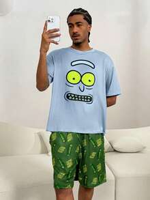 Rick and Morty X SHEIN 男士卡通印花圆领上衣和短裤家居服套装，夏季 - 藍色 - 查看 3