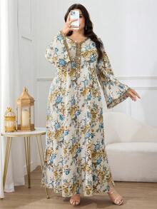 Al Najma Đầm maxi cỡ lớn dành cho nữ, cổ chữ V, in hoa toàn thân, kiểu dáng Ả Rập cổ điển. - Nhiều màu - Xem 4
