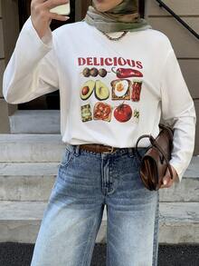 Solavon Damen Lässig Bedrucktes Rundhals Langarm T-Shirt - Weiss - Übersicht 4