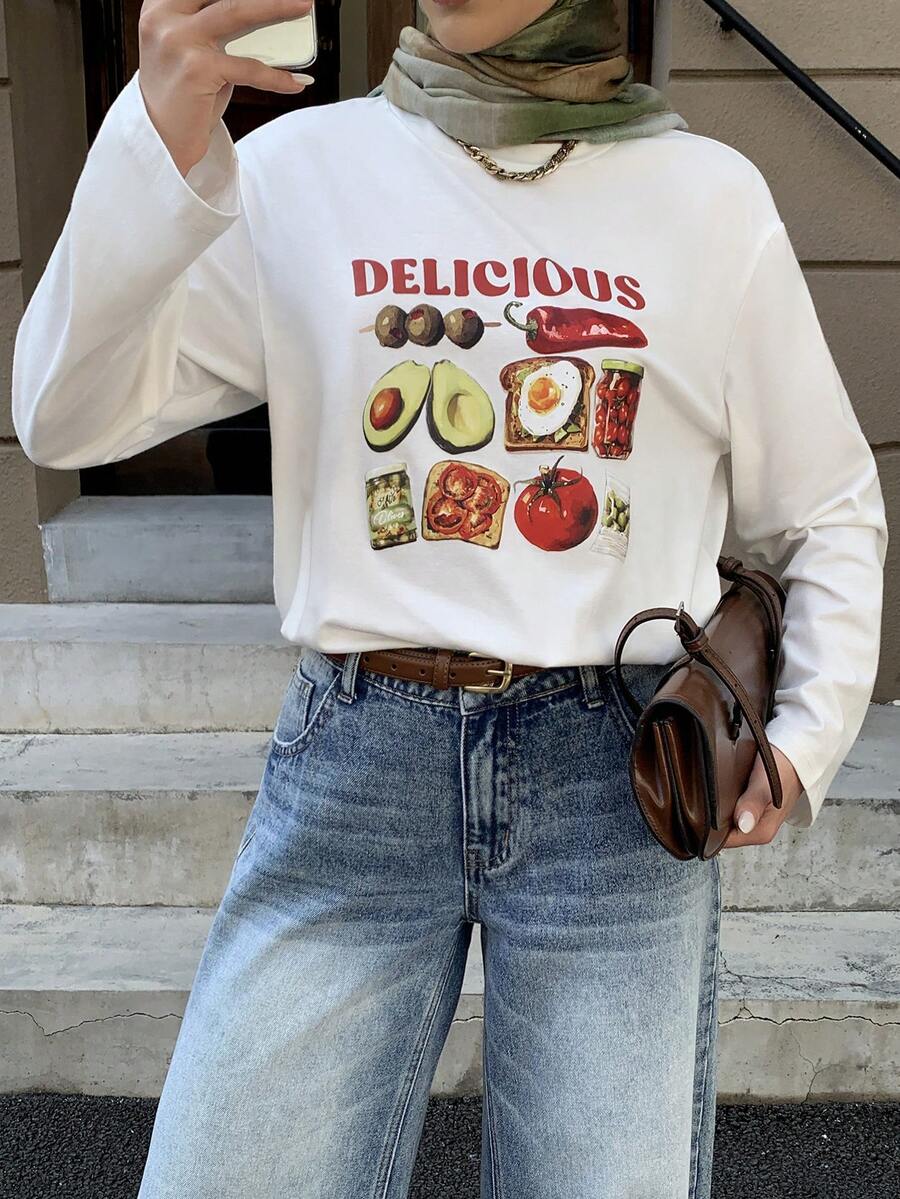 Solavon 女士休闲印花圆领长袖T恤 水果图案夏季度假T恤 - 白色 - 查看 1