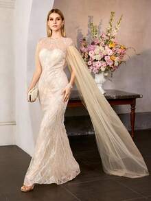 MOTF PREMIUM ELEGANT ULTRA-LONG TULLE SLEEVE ROUND NECK FLOOR-LENGTH MERMAID EVENING GOWN – SHEER FRONT & BACK DESIGN DRESS WITH SPARKLY BEADED FABRIC ACCENTS, FITTED SILHOUETTE FOR WEDDINGS, GALAS & SPECIAL OCCASIONS FOR WOMEN - Champagne - View 6