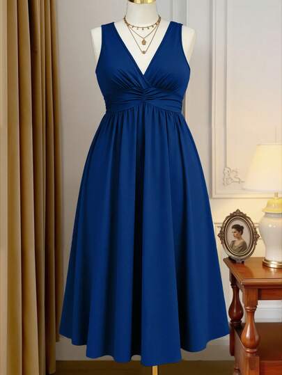 DreamSkyne Vestido de punto con cuello en V y pliegues en la cintura, talla grande, color negro