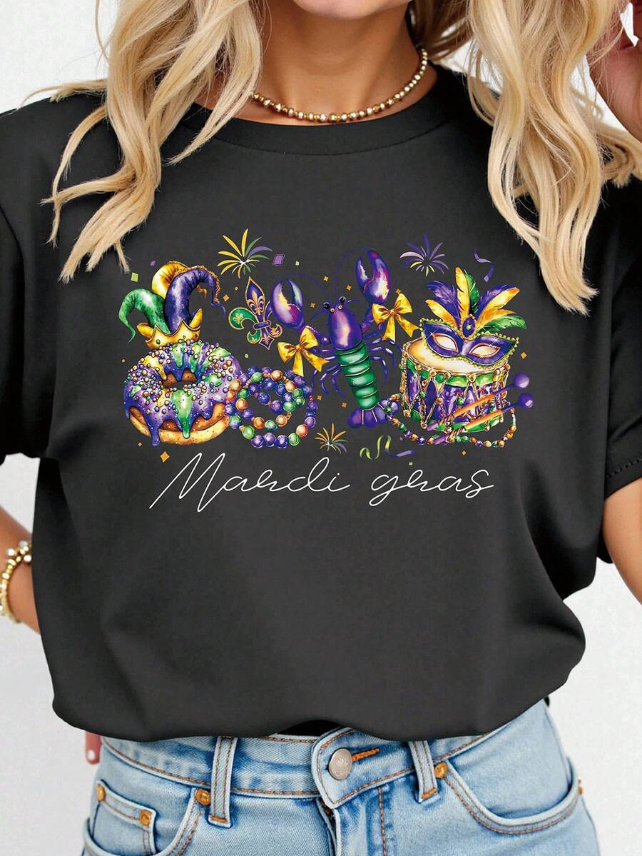 EMERY ROSE Mardi Gras Themed Lobster Donut Sweet Cool Print Casual Plus Size T-Shirt - Black - View 1