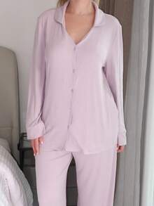 Turnttoni Women's Simple And Comfortable Buttoned Long Sleeve Top And Pants Homewear Lounge Set Holiday Season, Fall Winter Clothes Cozy And Elegant Details - Purple - View 3