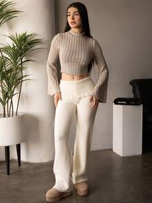 Andrea Bello 罗纹针织钩编细节翻折腰带阔腿裤套装（仅下装）秋季舒适可爱休闲咖啡俱乐部优雅晚宴派对新年感恩节 - 奶油色 - 查看 1