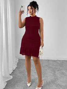 Elenzga 大码提花面料纯色荷叶边无袖连衣裙，罗纹针织修身半身裙，时尚百搭，适合约会和派对 - 酒紅色 - 查看 4