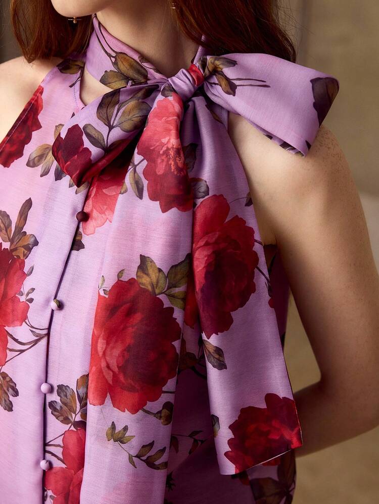WOMEN'S ROMANTIC ROSE PRINT SLEEVELESS BLOUSE, SPRING/SUMMER