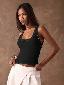 SHEIN BAE Áo tank top nữ phong cách đường phố đính đá lấp lánh, cổ tròn, ôm sát, thích hợp cho mùa hè. - màu đen - Xem 5