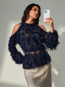 Bluhae Women's Solid Color Casual/Office Off-Shoulder Long Sleeve Minimalist Button-Up Shirt - Navy Blue - View 7