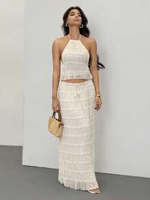 SHEIN Tall 女士度假户外浪漫露背低腰吊带裙套装 - 米色 - 查看 3