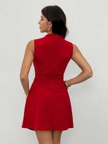 SHEIN Tall Đầm mini xếp ly dáng chữ A màu đỏ dành cho nữ, thanh lịch, tối giản, tinh tế, lãng mạn, ngọt ngào, thích hợp đi làm hàng ngày, dự tiệc cưới, lễ hội âm nhạc, kỳ nghỉ. - Đỏ - Xem 2