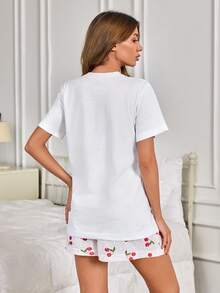 SHEIN 女士纯棉两件套字母短袖衬衫和樱桃图案短裤家居舒适睡衣套装 - 白色 - 查看 2