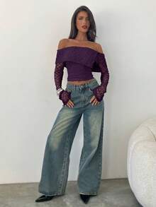 Aloruh Women's Off-Shoulder Long Sleeve Ruched Cropped Fashionable Top - Purple - View 3
