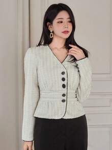 DAZY Damen elegante langärmelige figurbetonende Jacke mit Linien-Dekor, geeignet für Büromode, Frühling/Sommer - Weiss - Übersicht 5