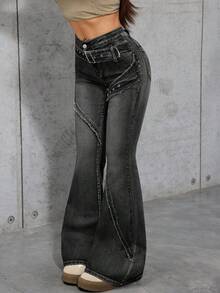 少女Y2K复古水洗毛边低腰修身喇叭牛仔裤，腰部配有搭扣设计，适合秋冬季参加锐舞派对、街头服饰或校园穿着，也适合上学、居家和旅行。 - 黑色 - 查看 4