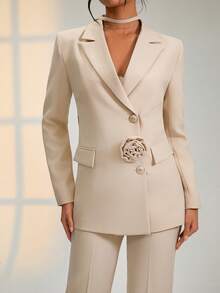 EURMUSE Women's Beige Blazer Suit Set With Flower Fabric Belt Detail - Beige - View 4