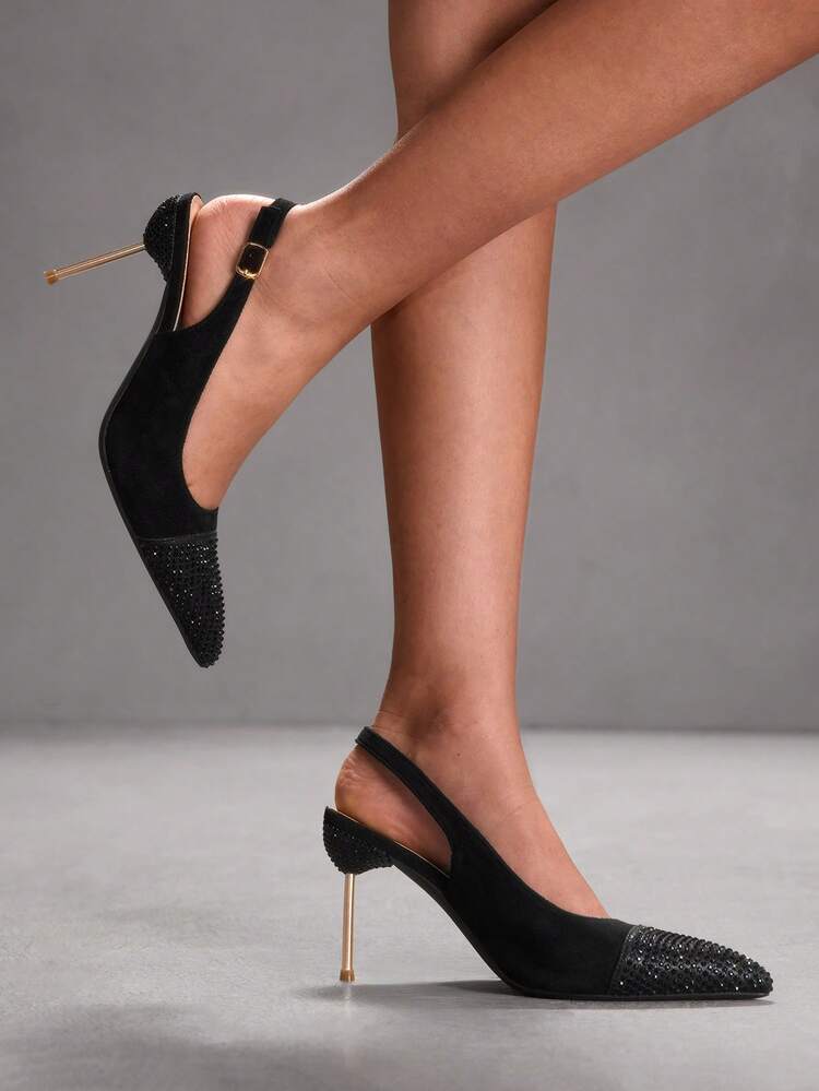 CUCCOO SZL Women's Black Elegant Pointed Toe High Heel Pumps, Crystal Embellished Toe Cap Stiletto Heels, Sexy Ankle Strap Dress Shoes, Versatile For Office, Wedding, Party, Spring, Easter