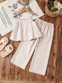 2pcs Young Girl Woven Solid Color Camisole Top And Long Pants Set