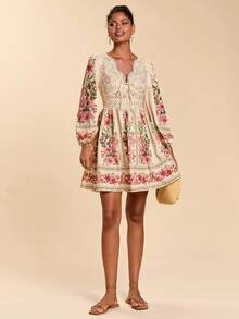 Travachic Women's Romantic Floral Print Vacation Long Sleeve Dress - Pink - View 3